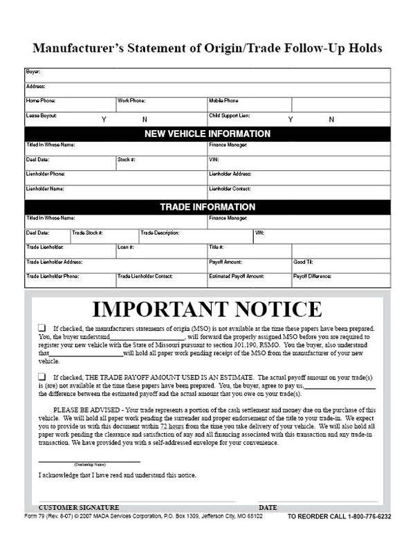 Manufacturer's Statement of Origin/Trade FollowUp Holds